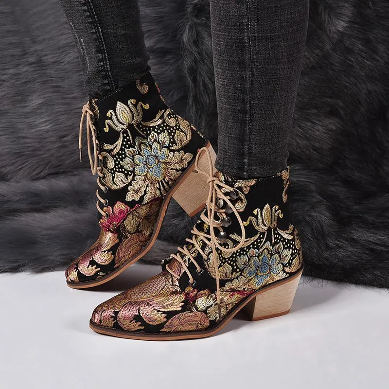 Women Winter Embroidered Pointed Toe Ankle Lace Up Boots