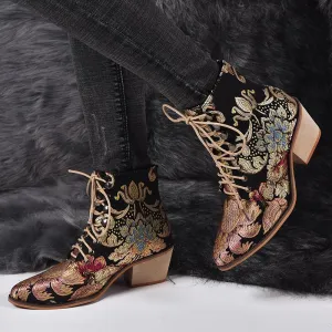 Women Winter Embroidered Pointed Toe Ankle Lace Up Boots