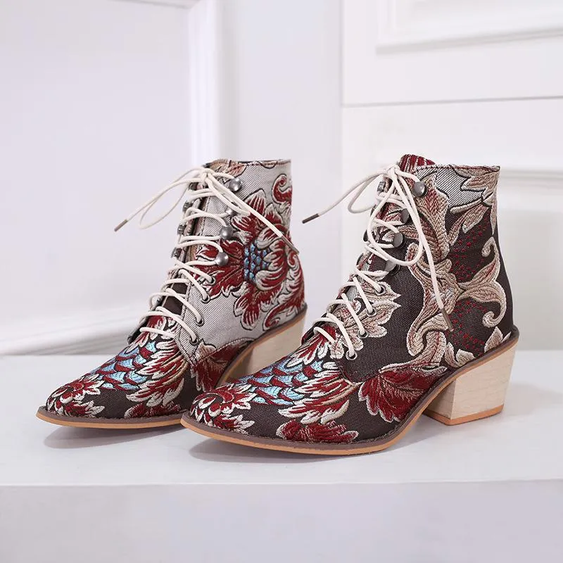 Women Winter Embroidered Pointed Toe Ankle Lace Up Boots