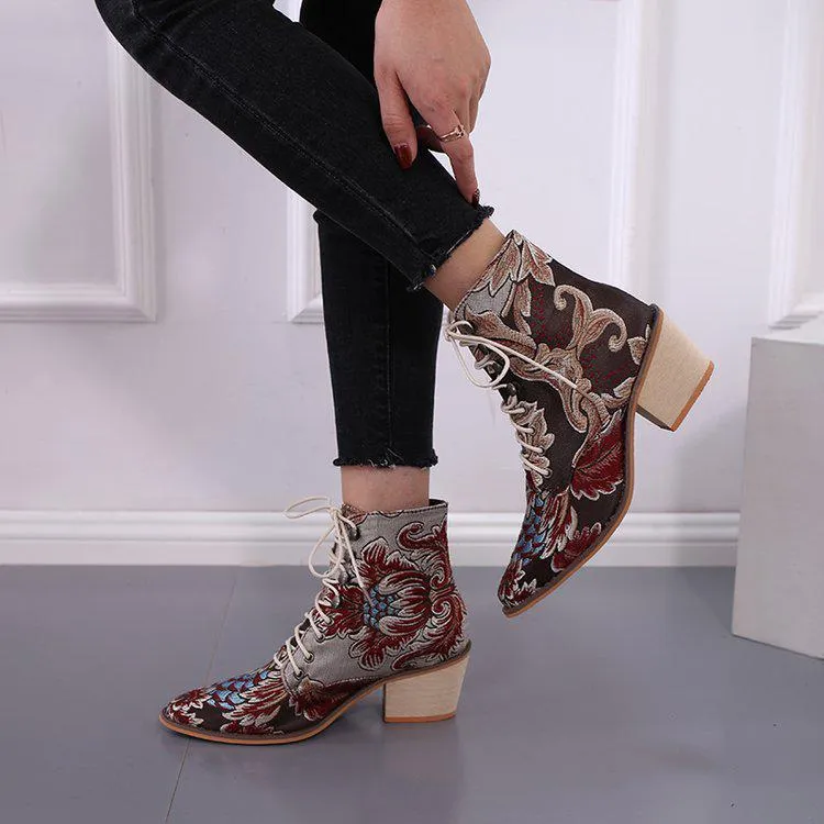 Women Winter Embroidered Pointed Toe Ankle Lace Up Boots