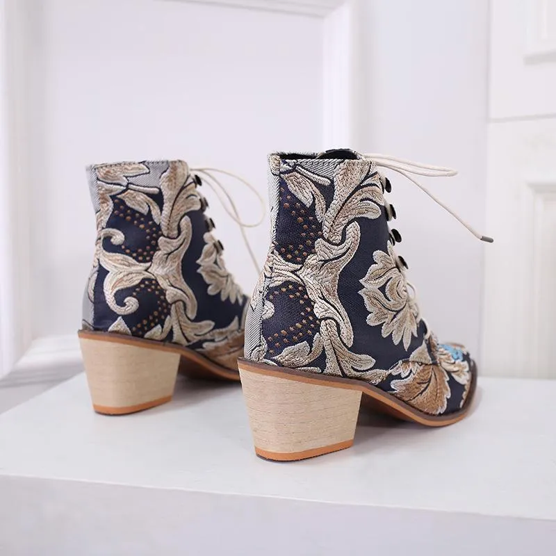 Women Winter Embroidered Pointed Toe Ankle Lace Up Boots