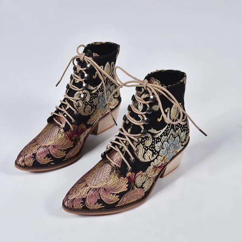 Women Winter Embroidered Pointed Toe Ankle Lace Up Boots