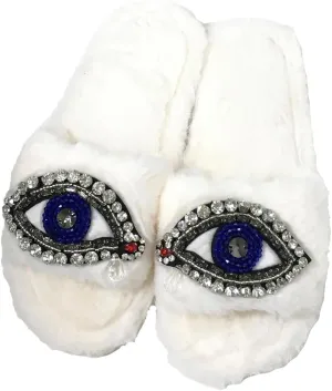 Women's Beaded Evil Eye & Rhinestone Plush Faux Fur Slide Slippers