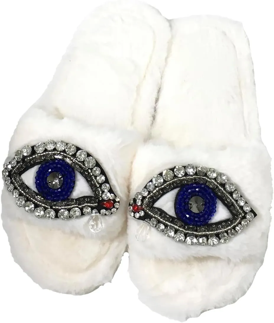 Women's Beaded Evil Eye & Rhinestone Plush Faux Fur Slide Slippers