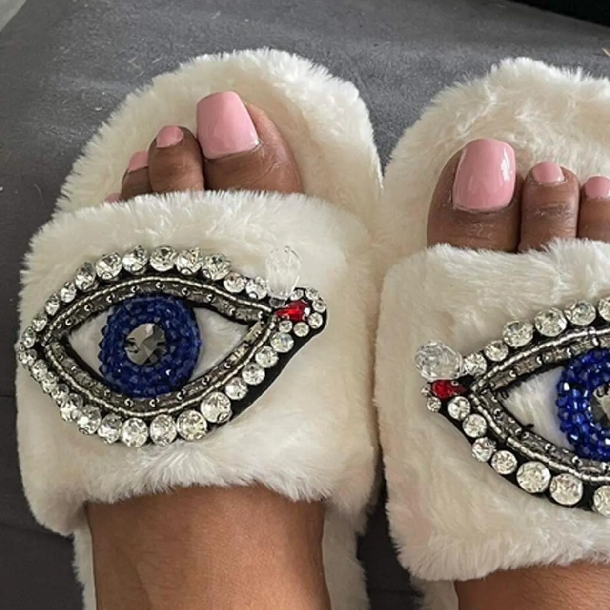 Women's Beaded Evil Eye & Rhinestone Plush Faux Fur Slide Slippers