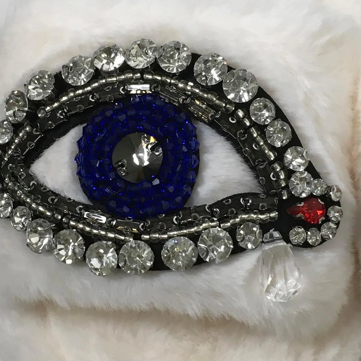 Women's Beaded Evil Eye & Rhinestone Plush Faux Fur Slide Slippers