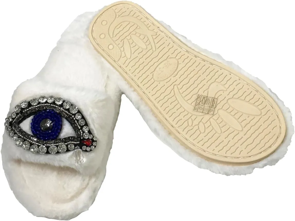 Women's Beaded Evil Eye & Rhinestone Plush Faux Fur Slide Slippers