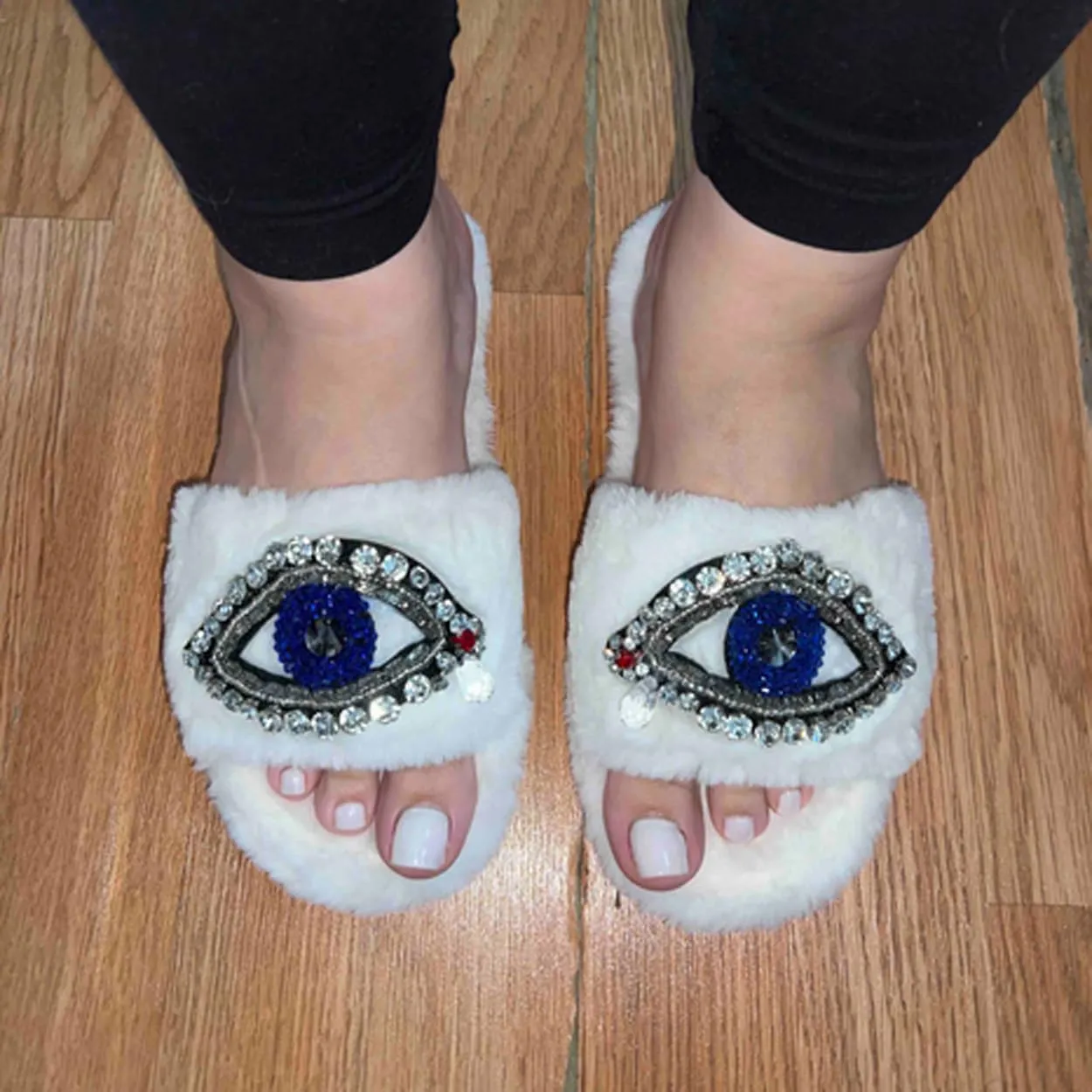 Women's Beaded Evil Eye & Rhinestone Plush Faux Fur Slide Slippers