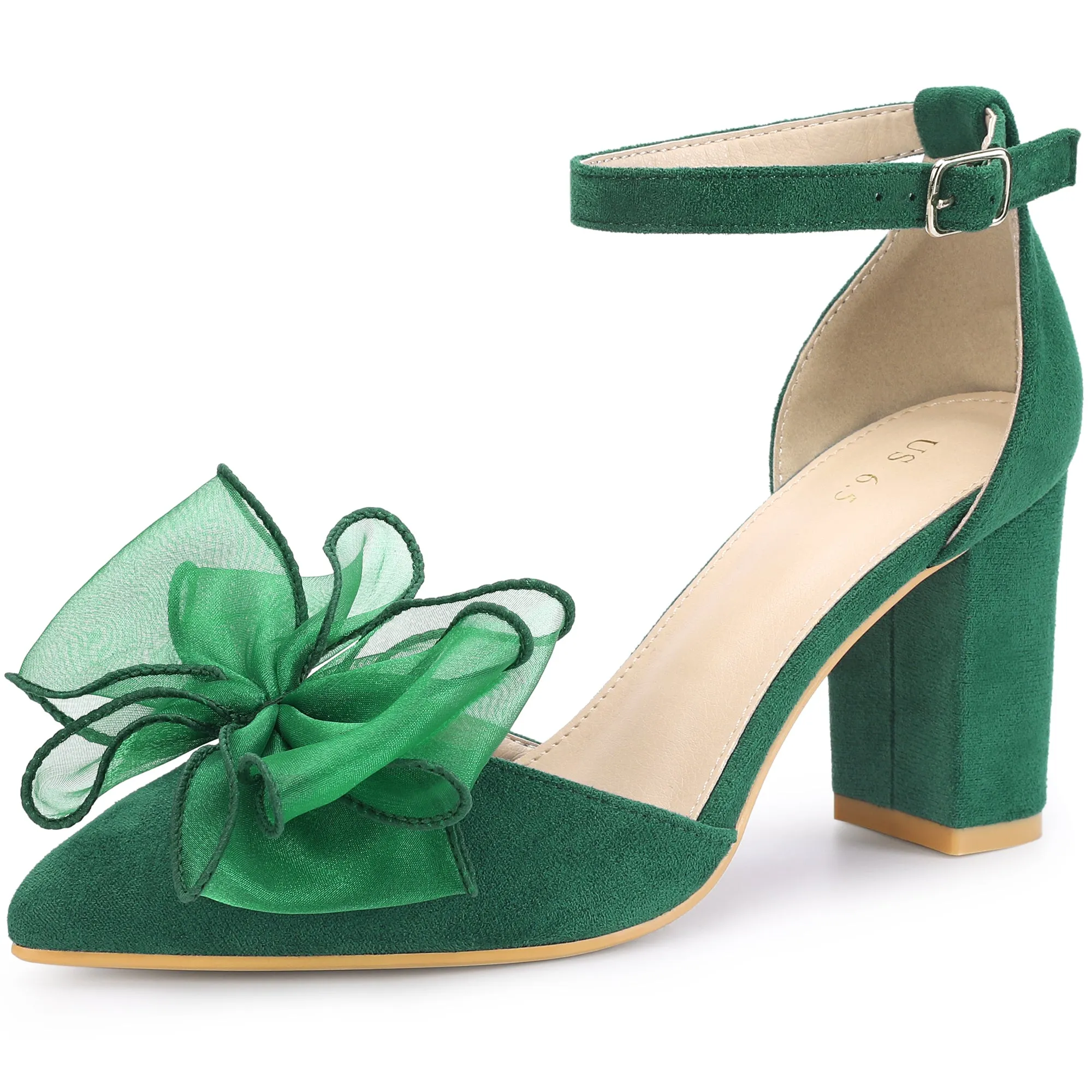 Women's Bow Knot Pointed Toe Block Heel Pumps