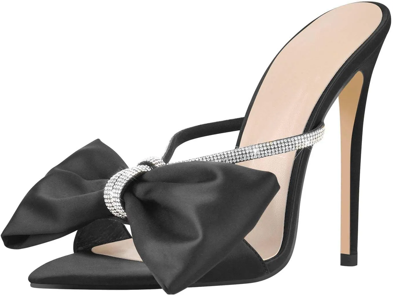 Women's Bowknot Rhinestone Strap Stilettos High Heels Mules Pointed Open Toe Crystal Slip On Satin Retro Pumps Slide Sandals