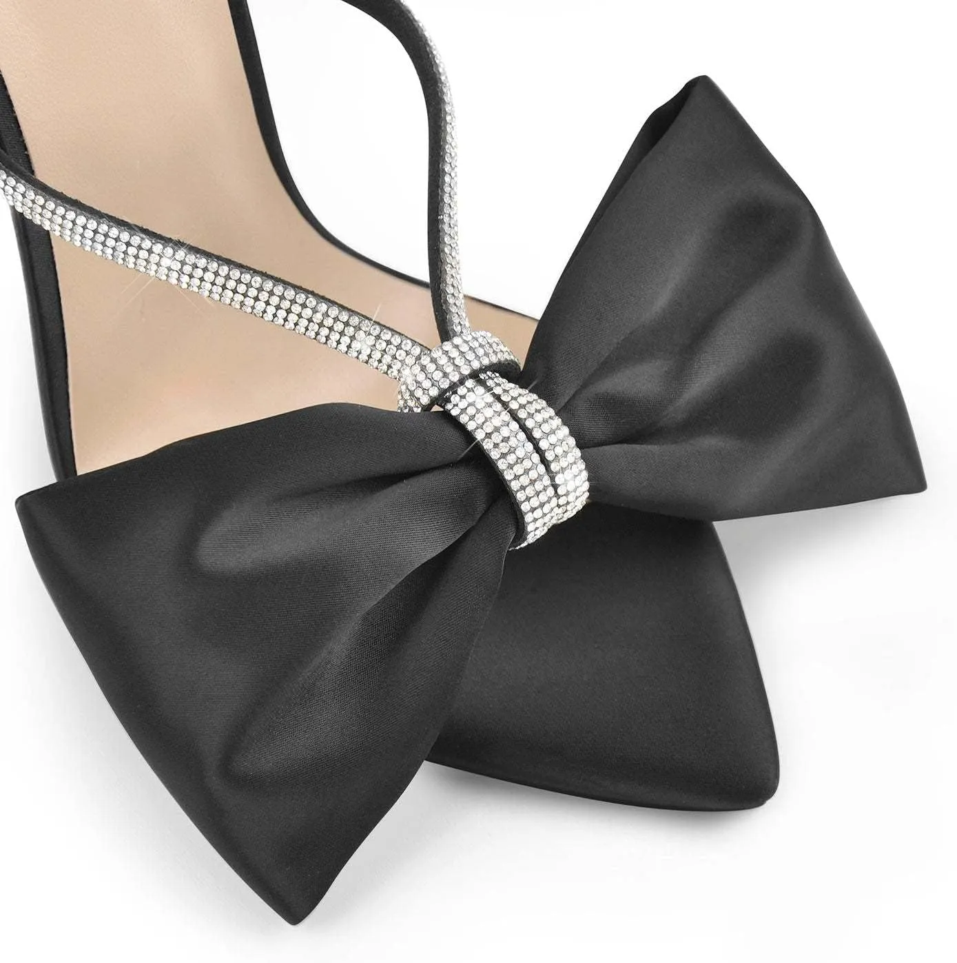 Women's Bowknot Rhinestone Strap Stilettos High Heels Mules Pointed Open Toe Crystal Slip On Satin Retro Pumps Slide Sandals