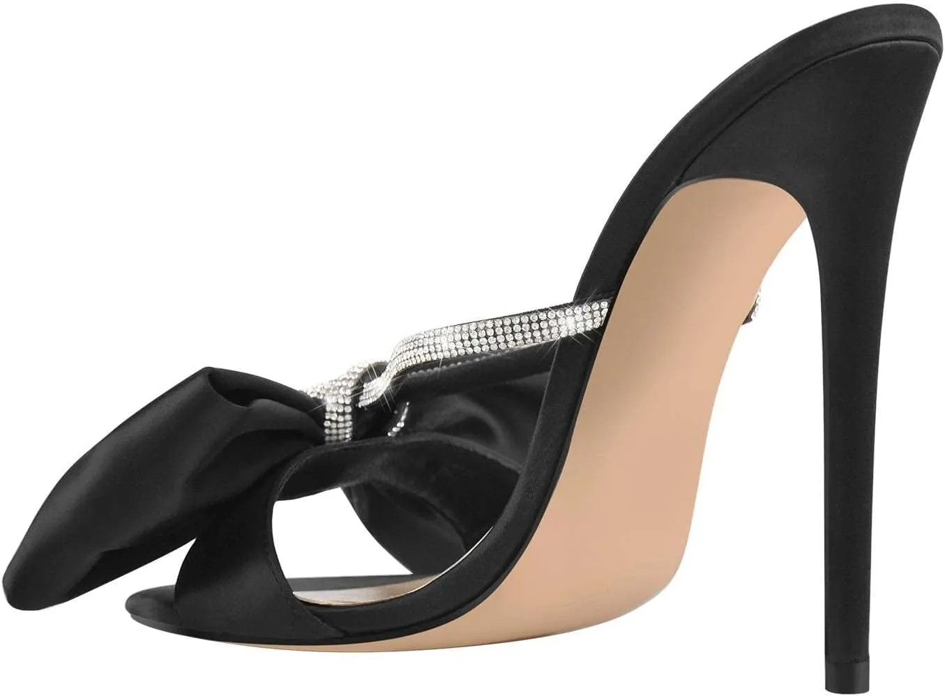 Women's Bowknot Rhinestone Strap Stilettos High Heels Mules Pointed Open Toe Crystal Slip On Satin Retro Pumps Slide Sandals