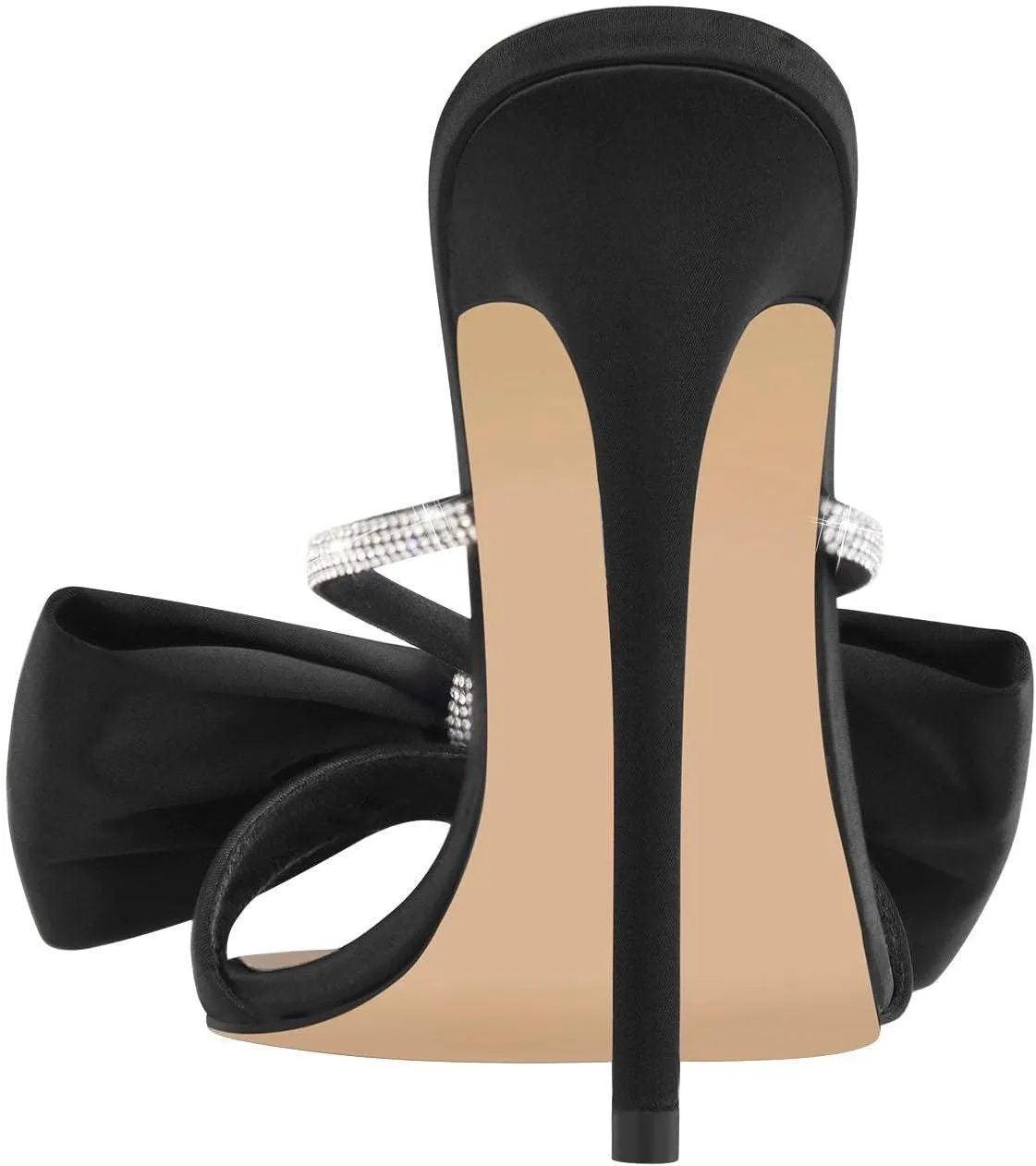 Women's Bowknot Rhinestone Strap Stilettos High Heels Mules Pointed Open Toe Crystal Slip On Satin Retro Pumps Slide Sandals
