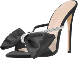 Women's Bowknot Rhinestone Strap Stilettos High Heels Mules Pointed Open Toe Crystal Slip On Satin Retro Pumps Slide Sandals