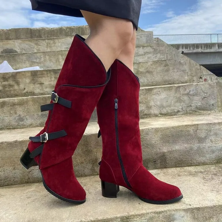 Women's British Round Toe Knee-High Chunky Heel Western Boots