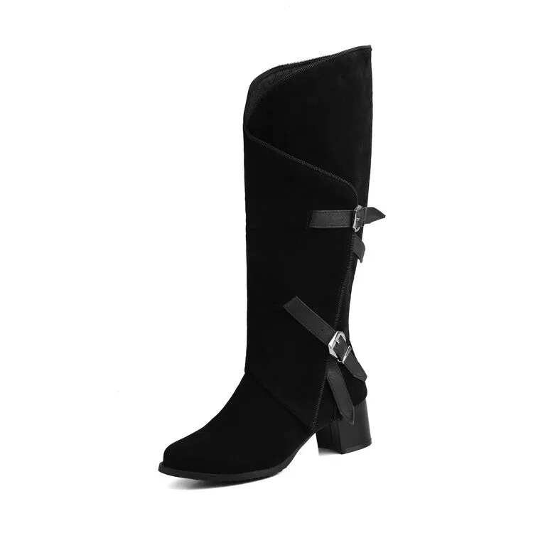 Women's British Round Toe Knee-High Chunky Heel Western Boots