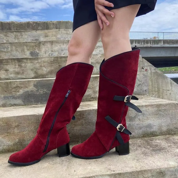 Women's British Round Toe Knee-High Chunky Heel Western Boots