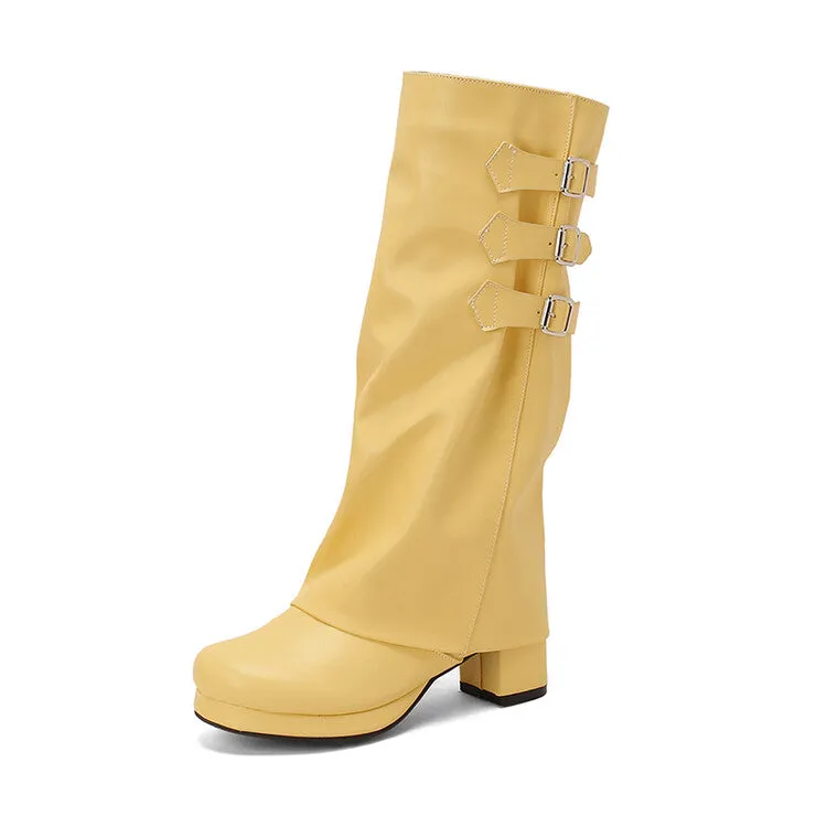Women's Buckle Strap Square Toe Block Heel Knee High Boots