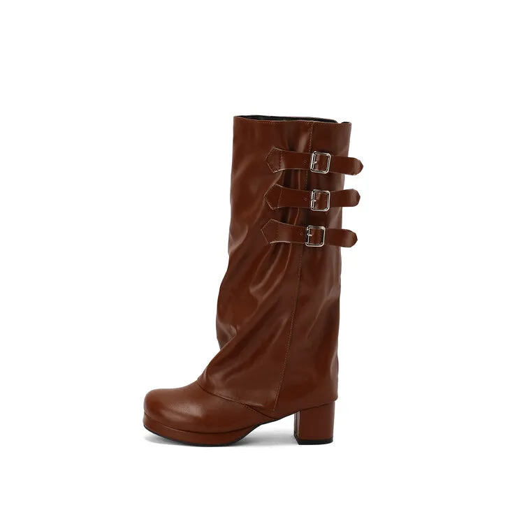 Women's Buckle Strap Square Toe Block Heel Knee High Boots