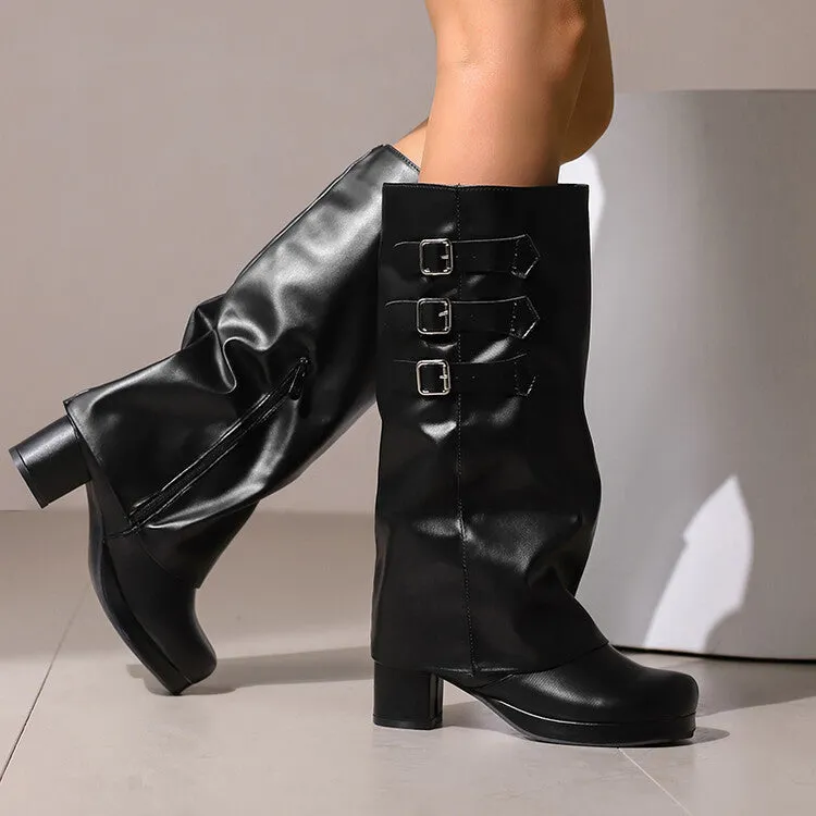 Women's Buckle Strap Square Toe Block Heel Knee High Boots