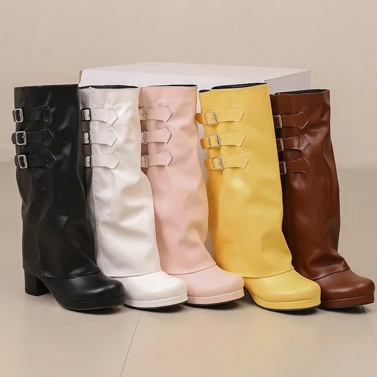 Women's Buckle Strap Square Toe Block Heel Knee High Boots