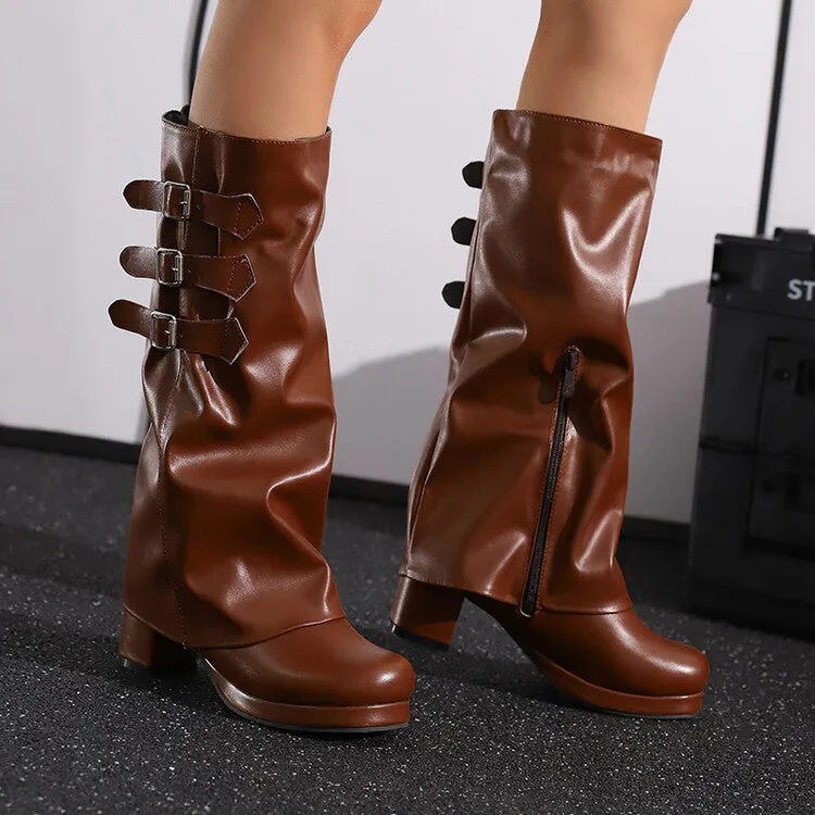 Women's Buckle Strap Square Toe Block Heel Knee High Boots