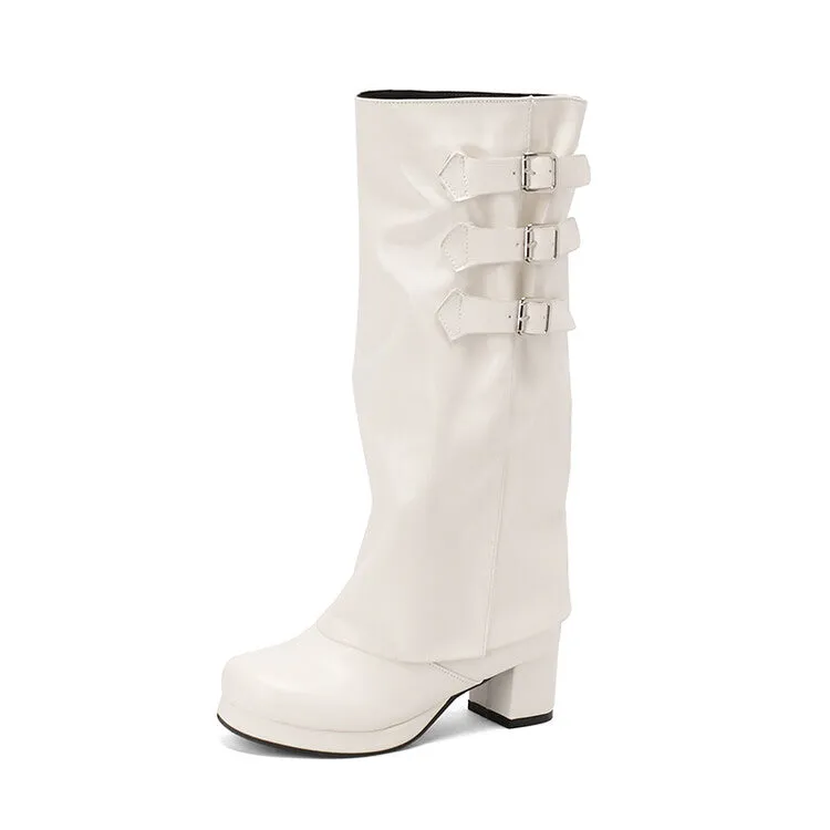 Women's Buckle Strap Square Toe Block Heel Knee High Boots