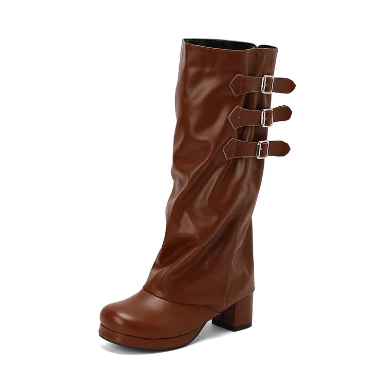 Women's Buckle Strap Square Toe Block Heel Knee High Boots