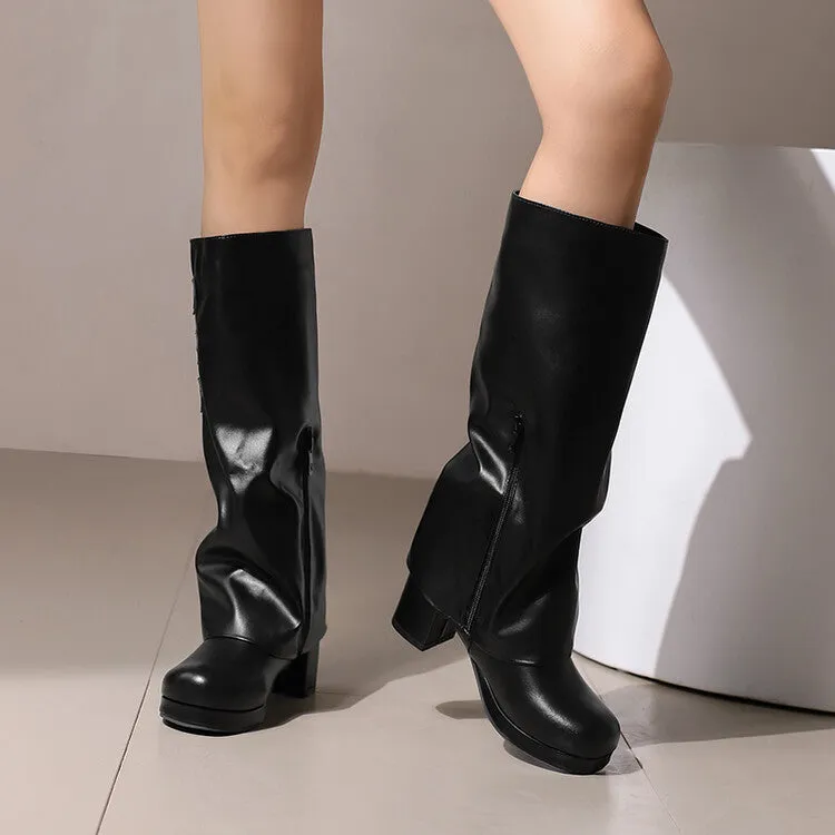 Women's Buckle Strap Square Toe Block Heel Knee High Boots