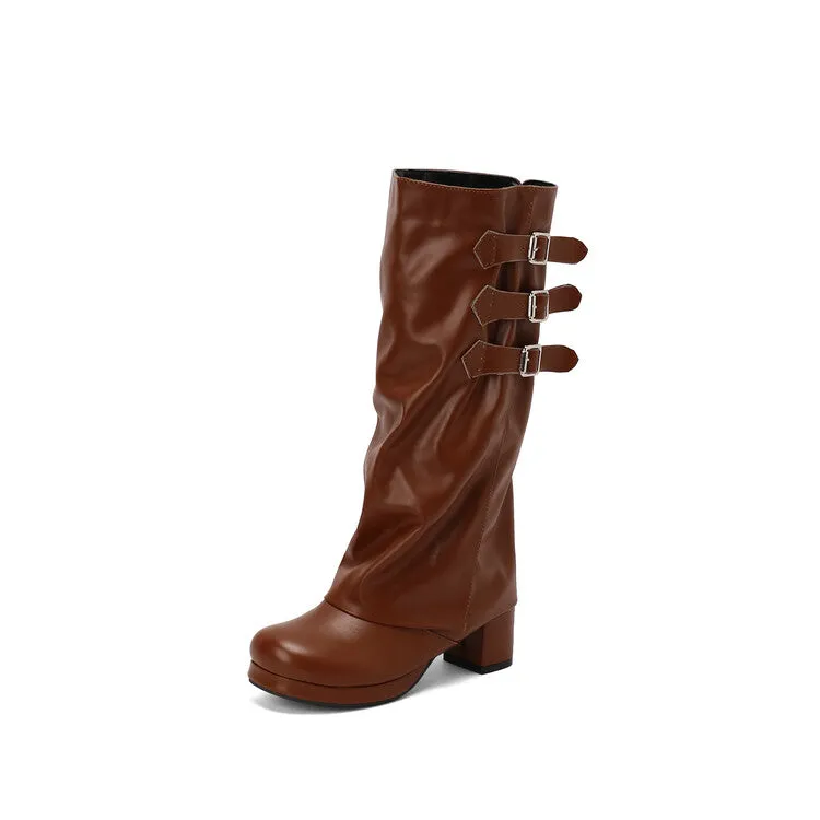 Women's Buckle Strap Square Toe Block Heel Knee High Boots