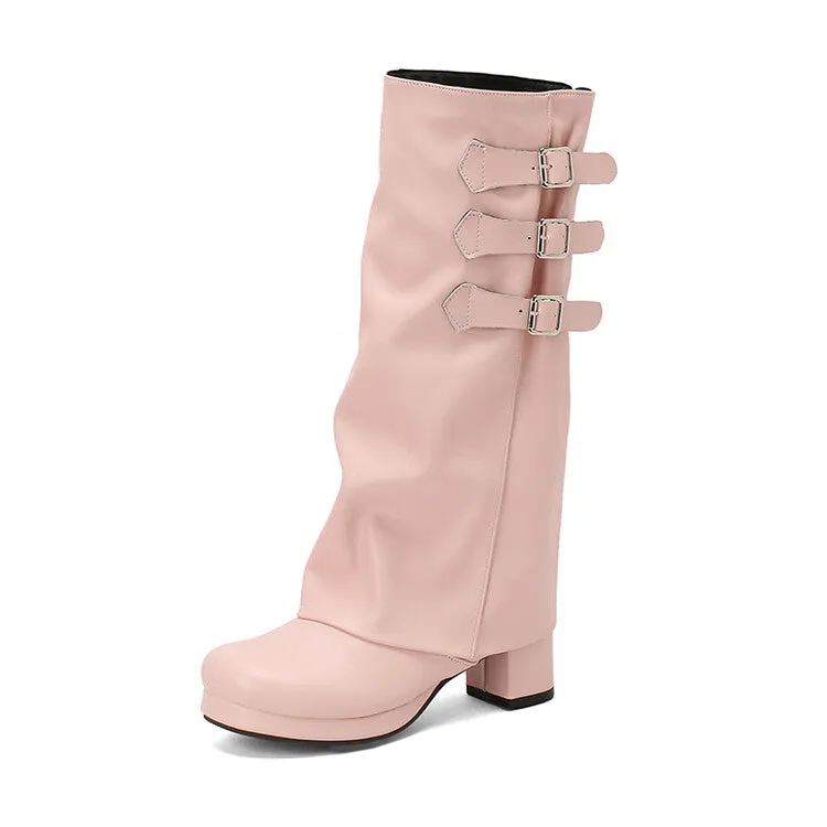 Women's Buckle Strap Square Toe Block Heel Knee High Boots