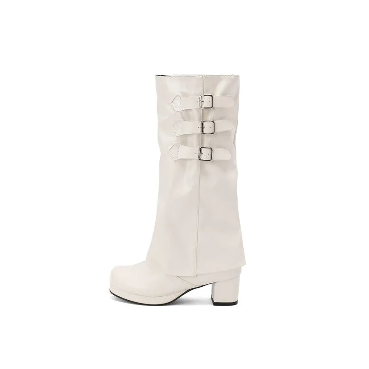 Women's Buckle Strap Square Toe Block Heel Knee High Boots