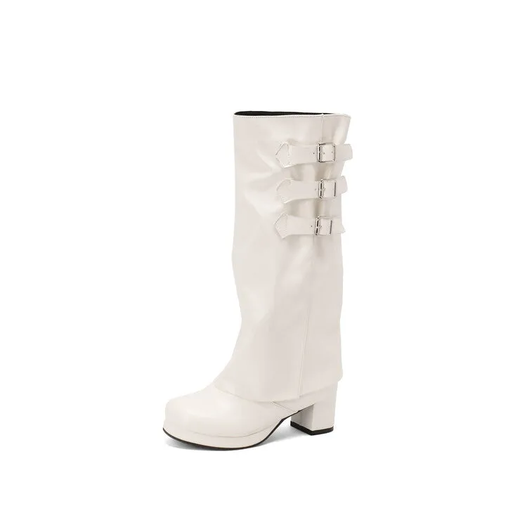 Women's Buckle Strap Square Toe Block Heel Knee High Boots