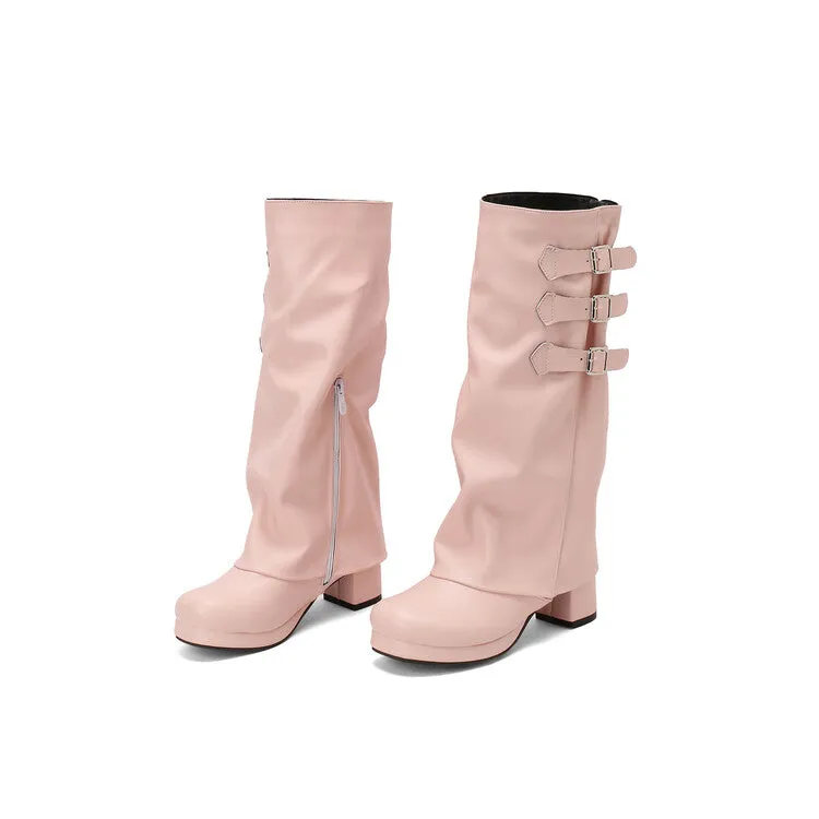 Women's Buckle Strap Square Toe Block Heel Knee High Boots