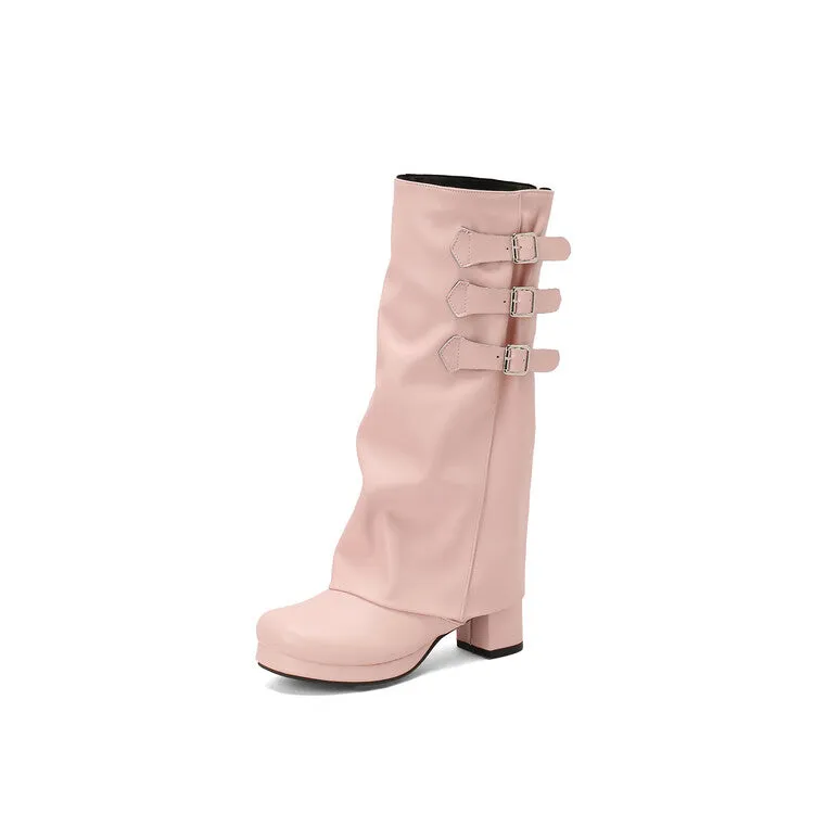 Women's Buckle Strap Square Toe Block Heel Knee High Boots