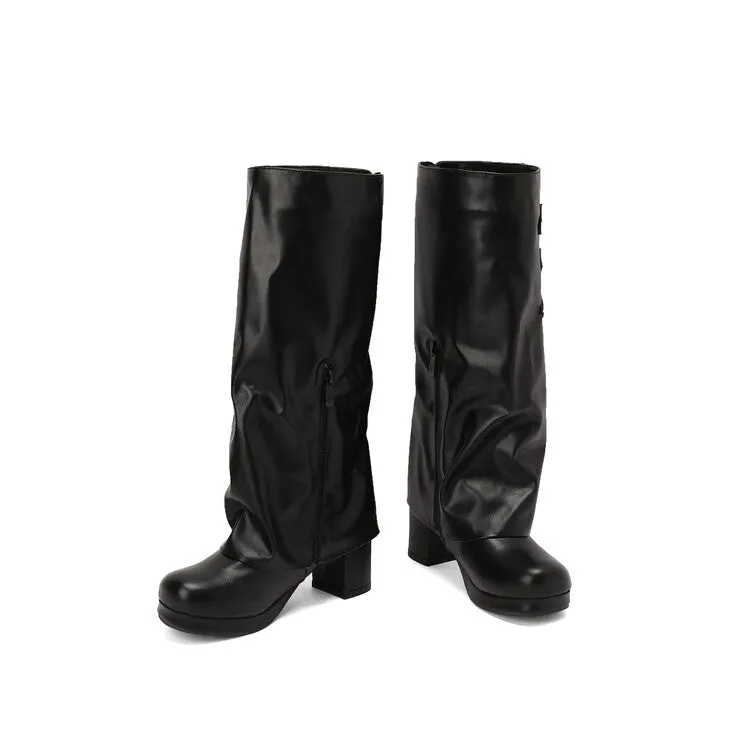 Women's Buckle Strap Square Toe Block Heel Knee High Boots