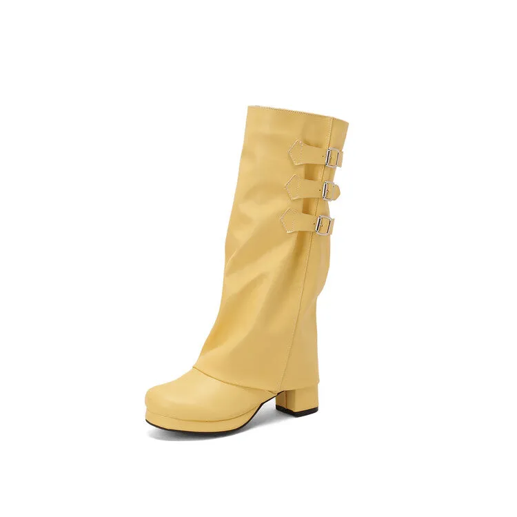 Women's Buckle Strap Square Toe Block Heel Knee High Boots