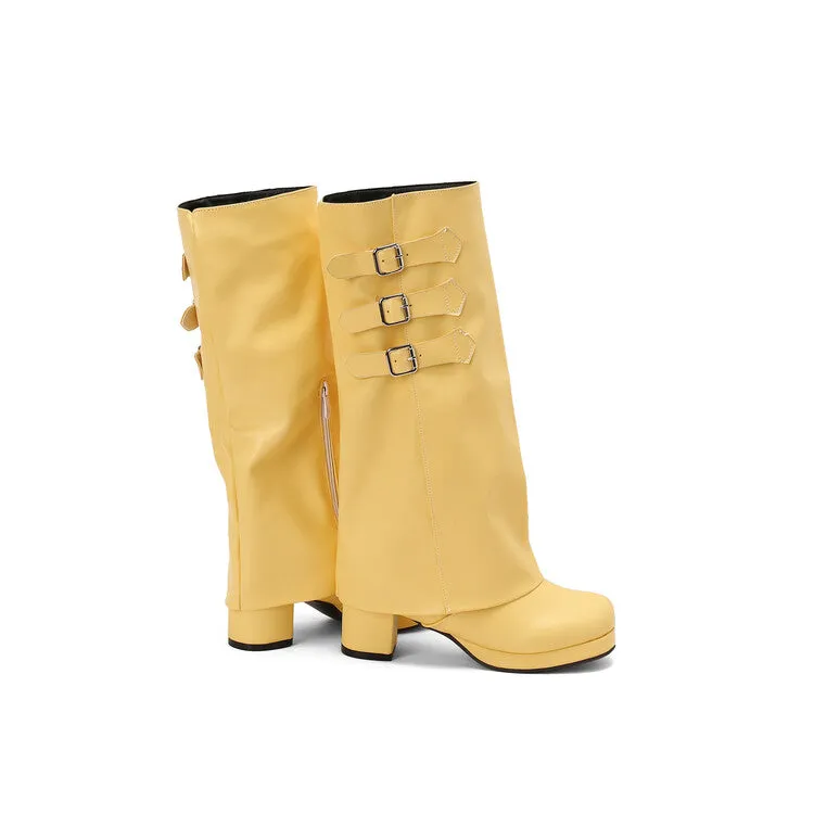 Women's Buckle Strap Square Toe Block Heel Knee High Boots