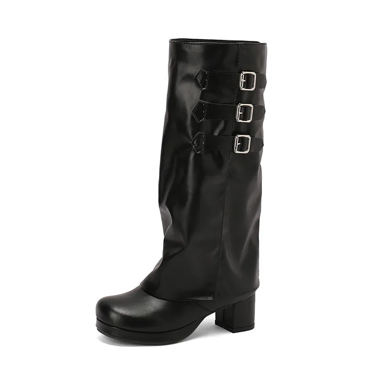 Women's Buckle Strap Square Toe Block Heel Knee High Boots