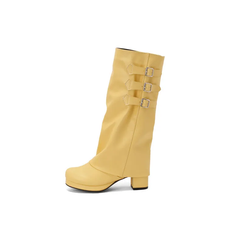 Women's Buckle Strap Square Toe Block Heel Knee High Boots