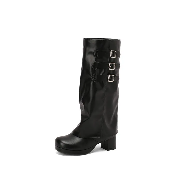 Women's Buckle Strap Square Toe Block Heel Knee High Boots