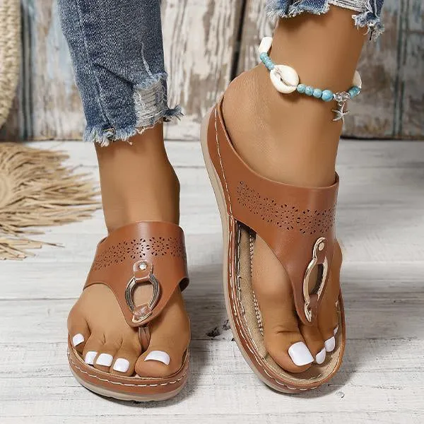Women's Casual Hollow Metal Buckle Wedge Beach Flip-Flops 22451663S