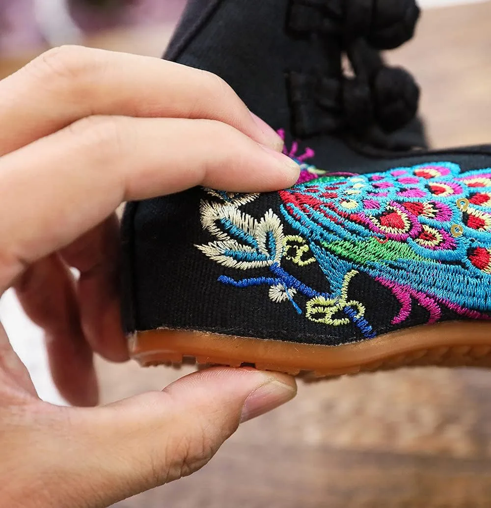 Womens Chinese Traditional Embroidery Flats Cheongsam Walking Mary Jane Shoes Handmade Flower Embroidered Shoes