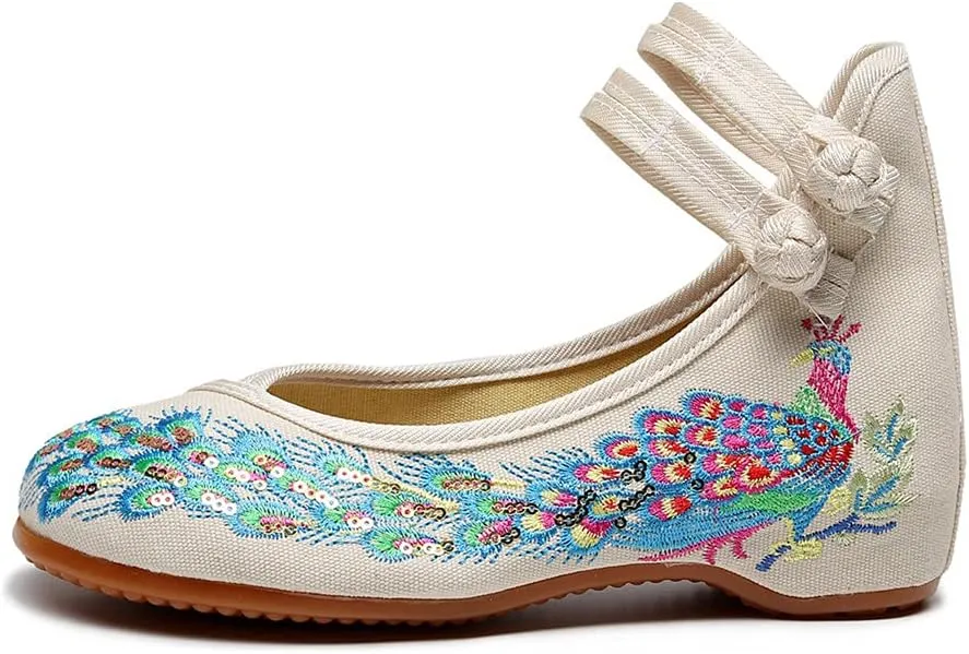Womens Chinese Traditional Embroidery Flats Cheongsam Walking Mary Jane Shoes Handmade Flower Embroidered Shoes