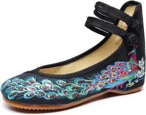 Womens Chinese Traditional Embroidery Flats Cheongsam Walking Mary Jane Shoes Handmade Flower Embroidered Shoes