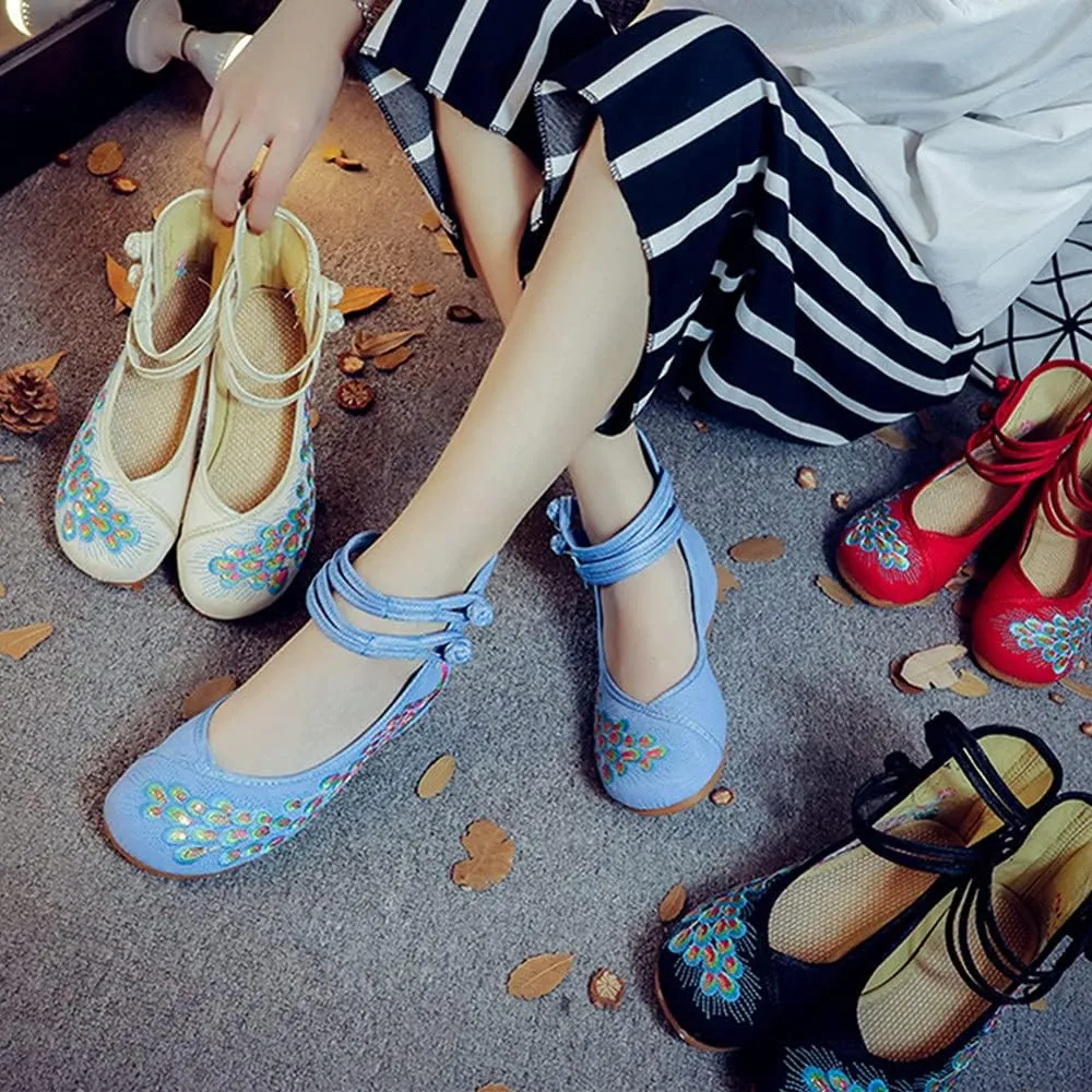 Womens Chinese Traditional Embroidery Flats Cheongsam Walking Mary Jane Shoes Handmade Flower Embroidered Shoes