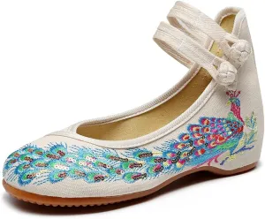 Womens Chinese Traditional Embroidery Flats Cheongsam Walking Mary Jane Shoes Handmade Flower Embroidered Shoes