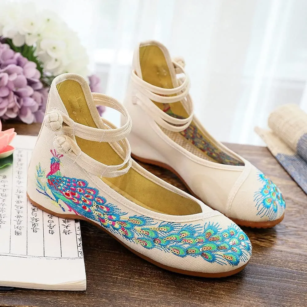 Womens Chinese Traditional Embroidery Flats Cheongsam Walking Mary Jane Shoes Handmade Flower Embroidered Shoes