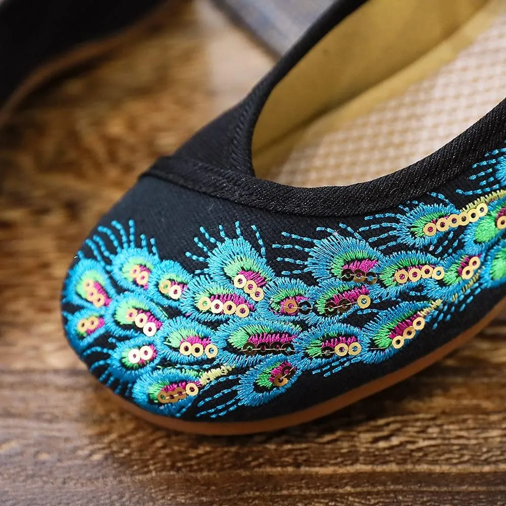 Womens Chinese Traditional Embroidery Flats Cheongsam Walking Mary Jane Shoes Handmade Flower Embroidered Shoes