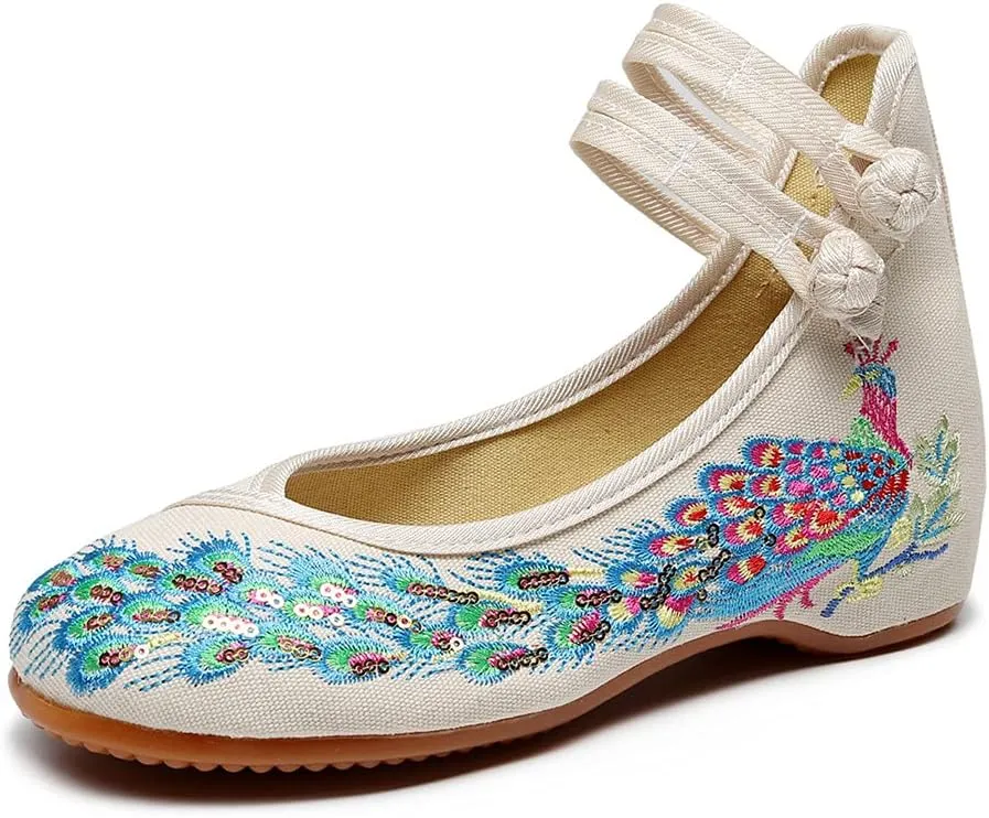 Womens Chinese Traditional Embroidery Flats Cheongsam Walking Mary Jane Shoes Handmade Flower Embroidered Shoes